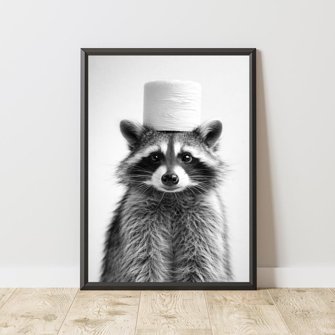 Funny Raccoon Poster, Toilet Paper Animal Wall Art, Black and White ...