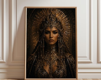Cleopatra Poster, Egyptian Queen Portrait Print, Ancient Egypt Decor, Gold Aesthetic Artwork, Luxury Historical Wall Decor
