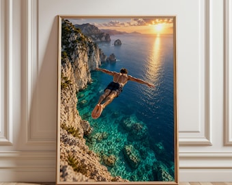 Cliff Diving Poster, Ocean Adventure Wall Art, Cliff Jumping Print, Extreme Sports Poster, Coastal Wall Art, Summer Sports Decor