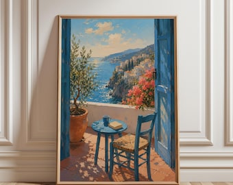 Coastal Mediterranean Poster, Seaside Balcony Poster, Amalfi Coast Print, Ocean View Decor, Mediterranean Landscape Art