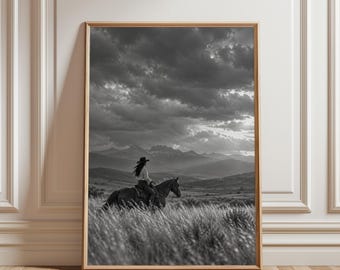 Cowgirl Poster, Western Wall Art, Cowboy Horse Print, Rustic Country Decor, Western Landscape Art, Cowgirl Room Decor