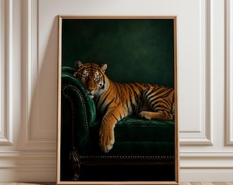 Tiger Poster, Luxury Animal Print, Elegant Safari Decor, Wild Cat Photography, Dark Green Aesthetic Wall Art