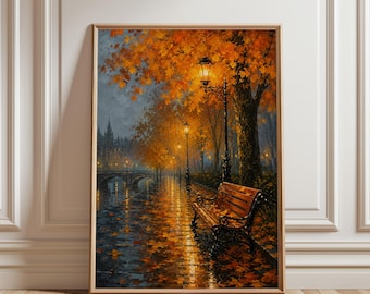 Autumn Poster, Fall Landscape Wall Art, Rainy Street Print, Cozy Autumn Decor, Lantern Painting, Nature Artwork