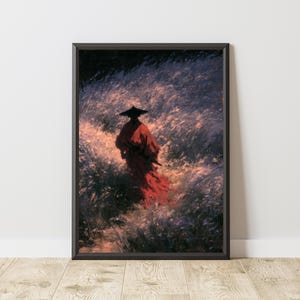 May include: A framed wall art print depicting a figure wearing a red robe and a conical hat, walking through a field of tall, dark, and illuminated grasses. The scene features high-contrast lighting with deep shadows and warm, glowing highlights.