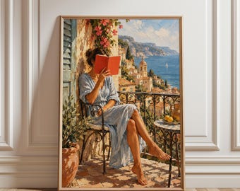 Mediterranean Poster, Coastal Wall Art, Italian Summer Print, Seaside Reading Art, European Travel Decor, Coastal Landscape