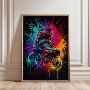 May include: A black inline skate featuring a vibrant, multi-coloured paint splatter design in shades of blue, pink, orange, and yellow. The skate has a buckle strap, a sturdy frame, and four wheels, set against a solid black background.