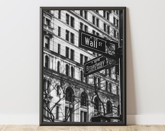 Plakat Wall Street, wydruk znaku ulicznego w Nowym Jorku, fotografia miejska Nowego Jorku, sztuka ścienna z szyldem w Nowym Jorku, czarno-biały wystrój miasta