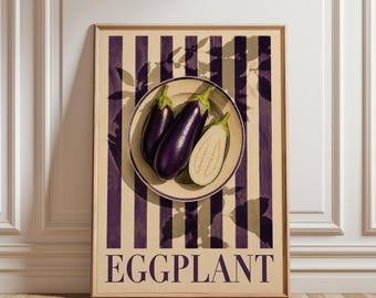 Eggplant Kitchen Poster, Vintage Eggplant Wall Art, Aubergine Botanical Print, Farmhouse Kitchen Decor, Vegetable Artwork