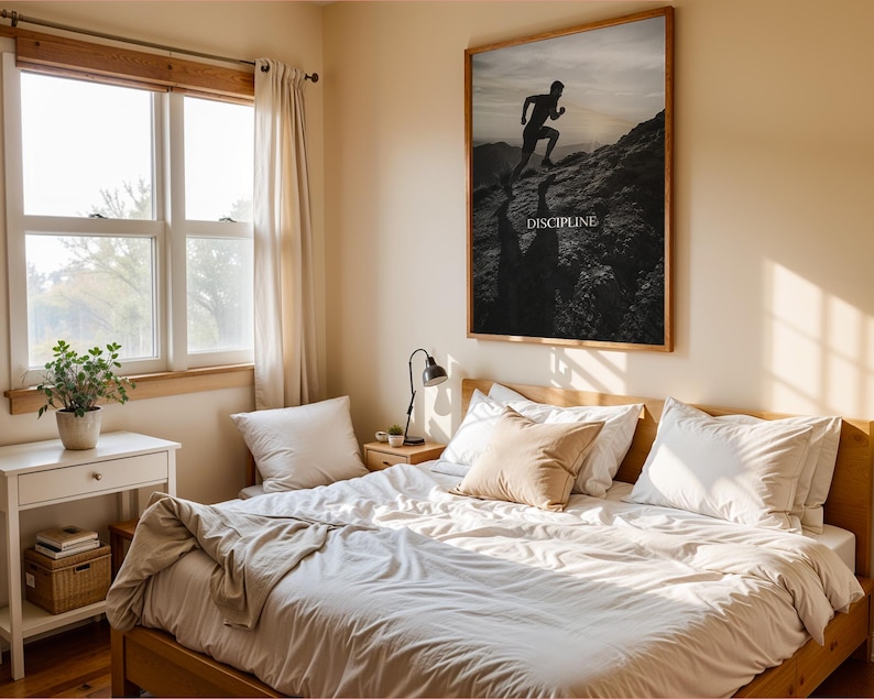 May include: A large rectangular wall art print featuring a black and white silhouette of a person running up a rocky mountain slope against a bright sky, with the word DISCIPLINE printed in white capital letters centered below the runner.