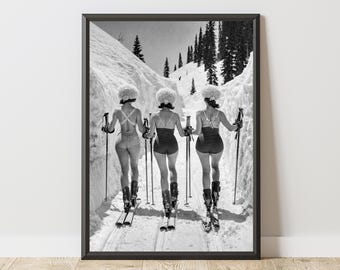 Vintage Ski Poster, Retro Winter Wall Art, Black and White Ski Photography Print, Aesthetic Decor, Snow Mountain Art