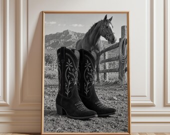 Cowboy Boots Poster, Western Wall Art, Desert Sunset Print, Rustic Ranch Decor, Southwestern Art, Country Home Decor