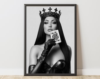 Queen of Hearts Poster, Black and White Fashion Wall Art, Luxury Glam Queen Print, Playing Card Aesthetic Decor, Chic Portrait Art