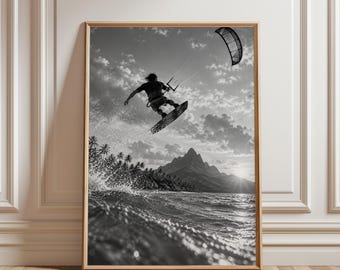 Kitesurfing Poster, Kitesurf Wall Art, Extreme Water Sports Print, Ocean Adventure Poster, Tropical Beach Art, Sports Decor