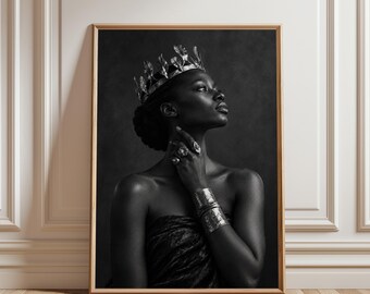 Black Woman Wall Art, African Queen Poster, Regal Portrait Print, Gold Crown Artwork, Elegant Woman Poster, Luxury Wall Decor