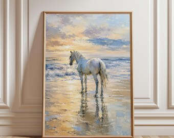 White Horse Poster, Coastal Wall Art, Ocean Sunset Print, Seascape Painting, Horse Artwork, Beach Home Decor