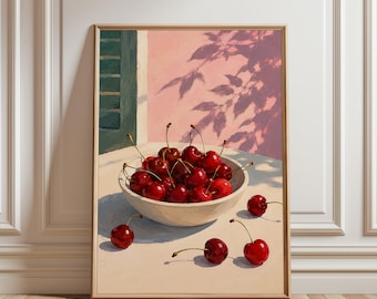 Cherry Poster, Fruit Wall Art, Aesthetic Kitchen Decor, Minimalist Cherry Print, Cute Food Illustration Poster