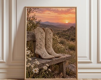 Cowboy Boots Poster, Western Floral Wall Art, Cowgirl Decor, Rustic Country Print, Wildflower Art, Western Home Decor