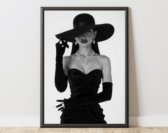 Black and White Fashion Poster, Elegant Woman Wall Art, Luxury Glam Portrait Print, Chic Aesthetic Decor, Minimalist Fashion Art