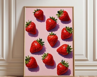 Strawberry Poster, Strawberry Wall Art, Fruit Kitchen Decor, Botanical Print, Pink Food Art, Fruit Wall Decor