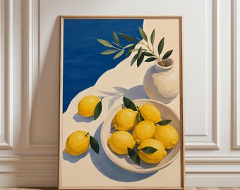 Lemon Poster, Lemon Kitchen Poster, Citrus Fruit Print, Mediterranean Decor, Botanical Kitchen Art, Italian Coastal Style