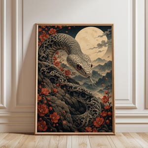 Ormposter, ormväggkonst, månväggdekor, mörk botanisk tavla, blommig ormkonst, mystisk djurposter, gotisk väggkonst