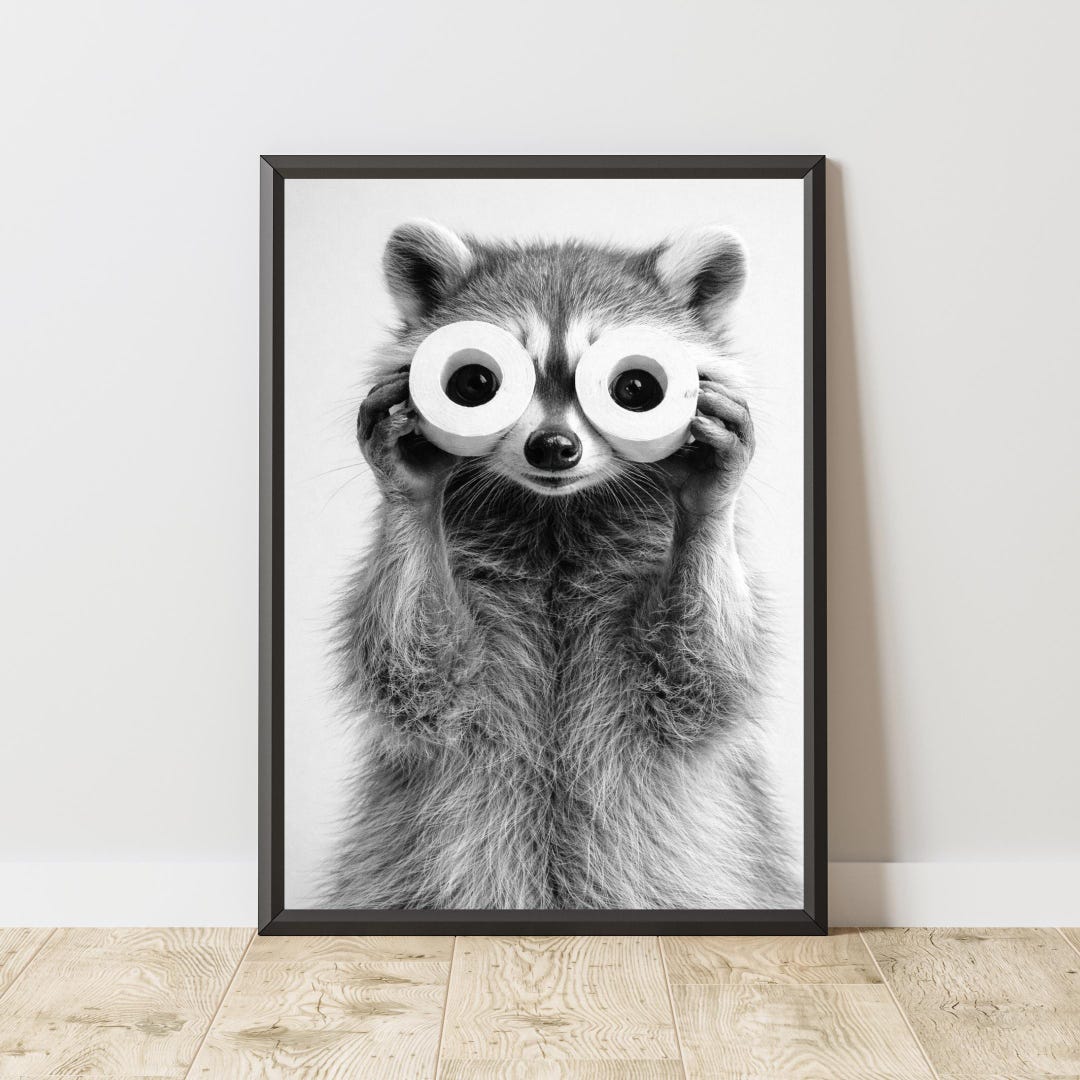 Funny Raccoon Poster, Toilet Paper Animal Wall Art, Black and White ...