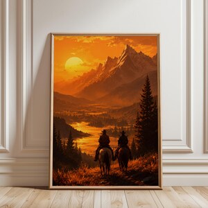 May include: A framed vertical wall art print depicting a sunset landscape with two figures on horseback in the foreground. The scene features a bright orange sky, a large sun, snow-capped mountain peaks, a winding river, and dark pine trees.