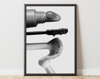 Makeup Tools Poster, Cosmetic Brush and Mascara Wall Art, Black and White Beauty Print, Minimalist Makeup Decor