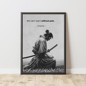 Peut inclure: Impression encadrée en noir et blanc représentant un samouraï agenouillé dans un champ, tenant un katana. L'impression comprend la citation "On ne peut apprendre sans douleur." d'Aristote.