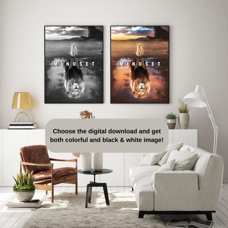 May include: Two framed art prints featuring a lion and its reflection, with the word "MINDSET" below. One print is in black and white, the other in color. The text "Choose the digital download and get both colorful and black & white image!" is also present.