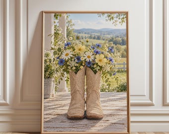 Cowboy Boots Poster, Western Floral Wall Art, Cowgirl Decor, Rustic Country Print, Wildflower Poster, Western Home Decor