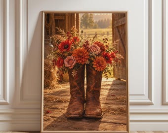 Cowboy Boots Poster, Western Floral Wall Art, Cowgirl Decor, Rustic Country Print, Wildflower Poster, Western Home Decor