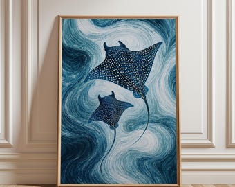 Manta Ray Poster, Ocean Wall Art, Marine Life Print, Blue Coastal Decor, Sea Animal Artwork, Underwater Nature Illustration