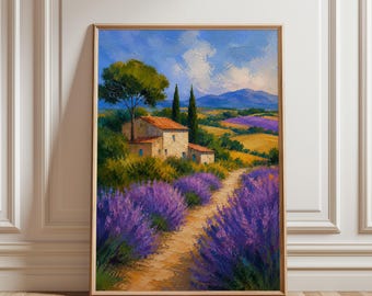 Lavender Field Poster, Provence Wall Art, French Countryside Print, Rustic Landscape Painting, Floral Home Decor