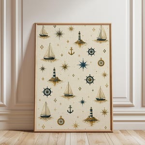 Nautical Pattern Poster, Vintage Maritime Wall Art, Sailboat Lighthouse Compass Print, Coastal Navy Decor, Beach House Art