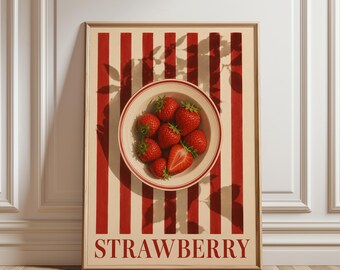 Strawberry Poster, Strawberry Kitchen Wall Art, Vintage Fruit Print, Red Berry Decor, Botanical Food Artwork, Farmhouse Poster