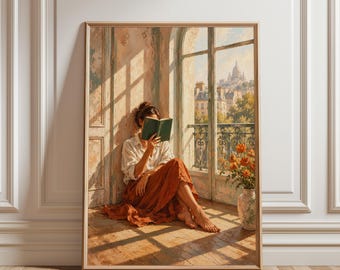 Paris Poster, Woman Reading Wall Art, French Apartment Print, Parisian Decor, Book Lover Art, European Summer Wall Art