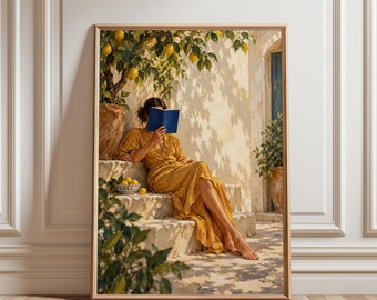 Mediterranean Poster, Lemon Tree Wall Art, Summer Reading Print, Coastal Decor, Woman Reading Art, European Summer Poster