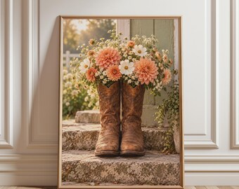 Cowboy Boots Poster, Western Floral Wall Art, Cowgirl Decor, Rustic Country Print, Wildflower Poster, Western Home Decor
