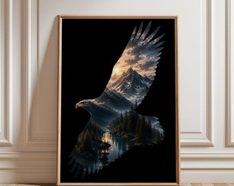 Eagle Silhouette Poster, Mountain Landscape Poster, Eagle Print, Wildlife Decor, Nature Wall Art