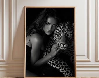 Leopard Woman Poster, Black and White Portrait, Luxury Animal Print, Fashion Photography Decor, Elegant Wild Art