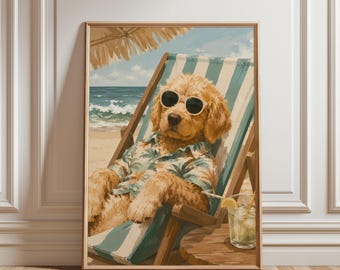 Funny Dog Poster, Beach Dog Wall Art, Summer Pet Print, Coastal Dog Artwork, Tropical Vacation Decor, Dog Lover Gift