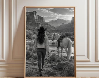 Cowgirl Poster, Western Wall Art, Cowboy Horse Print, Rustic Country Decor, Western Landscape Art, Cowgirl Room Decor
