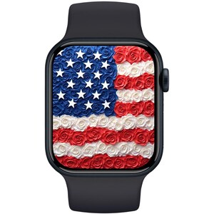 Sfondo del 4 luglio per Apple Watch: bandiera USA, quadrante floreale rosso, bianco e blu, sfondo patriottico per smartwatch, estetica del Giorno dell'Indipendenza