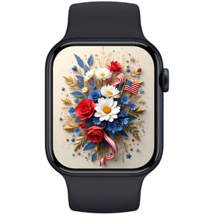Sfondo del 4 luglio per Apple Watch: bandiera USA, quadrante floreale rosso, bianco e blu, sfondo patriottico per smartwatch, estetica del Giorno dell'Indipendenza