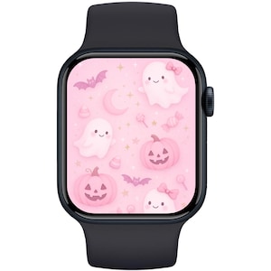 May include: A black smartwatch with a pink Halloween-themed display. The screen features cartoon ghosts, pumpkins, bats, candy, and stars. The watch band is black.