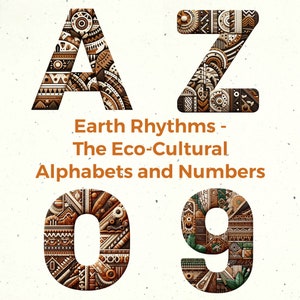 Öko-kulturelles Alphabet Clipart, Erdrhythmus Buchstaben und Zahlen PNG, von der Natur inspirierte Schriftart, digitaler Download