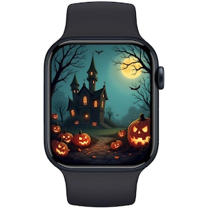Puede incluir: Reloj inteligente negro con pantalla de Halloween. La pantalla muestra una escena espeluznante con una casa embrujada, calabazas talladas, murciélagos y luna llena. El reloj tiene una correa oscura e interfaz digital.