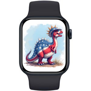 Sfondo del 4 luglio per Apple Watch: bandiera USA, quadrante rosso, bianco e blu con dinosauro, sfondo patriottico per smartwatch, estetica del Giorno dell'Indipendenza