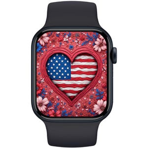 Sfondo del 4 luglio per Apple Watch: bandiera USA, quadrante con cuore rosso, bianco e blu, sfondo patriottico per smartwatch, estetica del Giorno dell'Indipendenza